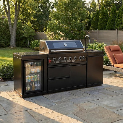 82" Outdoor Kitchen Island,6-Burner Propane Grill – Stainless Steel with Rotisserie Oven,Refrigerator,Granite Countertops & Sink.BBQ Grill Total 85,000 BTU.(Black,Propane)