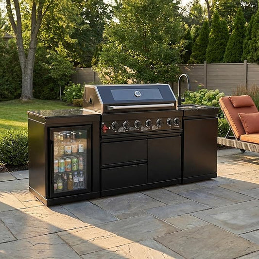 82" Outdoor Kitchen Island,6-Burner Propane Grill – Stainless Steel with Rotisserie Oven,Refrigerator,Granite Countertops & Sink.BBQ Grill Total 85,000 BTU.(Black,Propane)