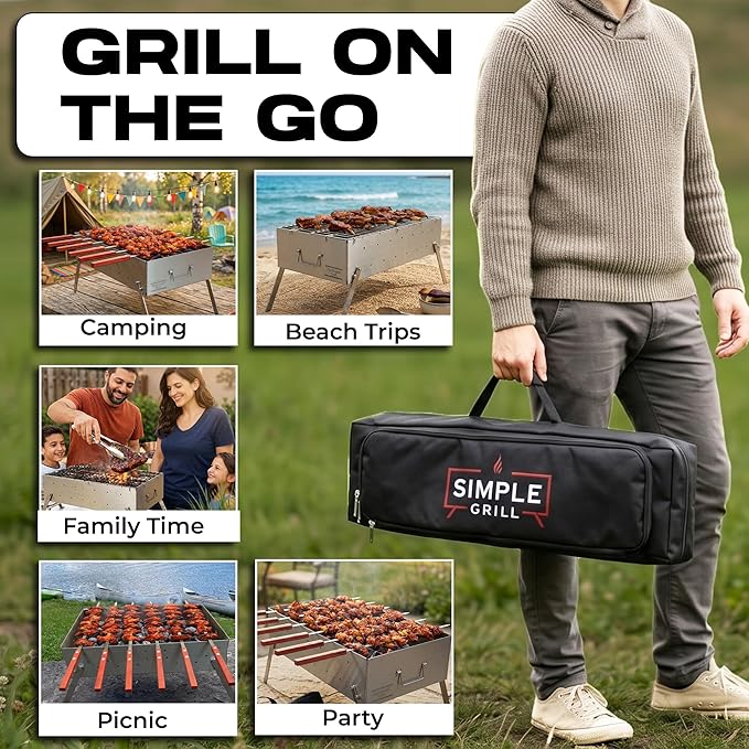 TSG Portable Stainless Steel Mangal Charcoal Grill For Shish Kebab, Steaks, Burgers | 20X12Inch| Includes 6 Skewers, 2 Tongs & Carry Bag | Foldable & Rustproof for Outdoor Cooking | Serves 8-12 People