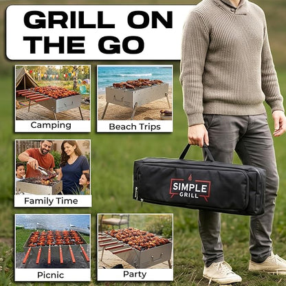 TSG Portable Stainless Steel Mangal Charcoal Grill For Shish Kebab, Steaks, Burgers | 20X12Inch| Includes 6 Skewers, 2 Tongs & Carry Bag | Foldable & Rustproof for Outdoor Cooking | Serves 8-12 People