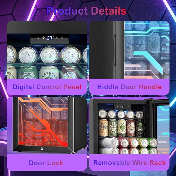 17" Beverage Refrigerator with LED Light Up Door – 128 Can Freestanding Drink Fridge, Small Beer Cooler with 4 Removable Shelves, Child Safety Lockfor Gaming Room Home Bar Party,Cyberpunk