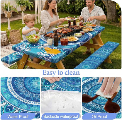 Picnic Table Cover Bench Covers Camping Essentials Tablecloth | Waterproof Vinyl for Outdoor, Windproof Elastic Fitted Edges, RV BBQ Accessories Must Haves, Storage Bag Included