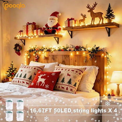 Pooqla 4 Pack String Lights Battery Operated, Total 66.6ft 200 LED Fairy Lights Indoor Outdoor Decorations, 8 Modes Warm White Battery Christmas Lights for Bedroom Classroom Porch Party Yard Decor