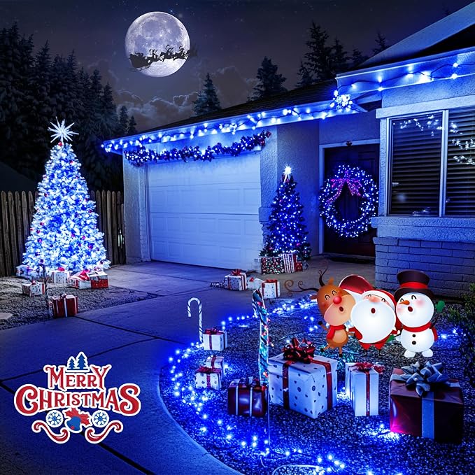 JMEXSUSS 66ft 200 LED Blue Christmas Lights Outdoor Plug in | Expandable String Lights Green Wire, 8 Modes Twinkle Tree Lights for Party Indoor Ceiling Beroom Patio Fence Yard Xmas Decor