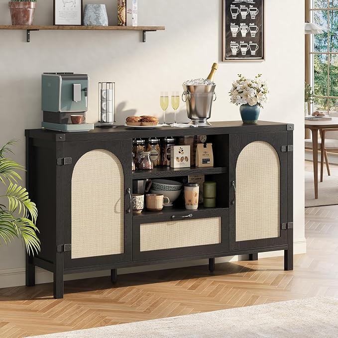 IDEALHOUSE Sideboard Buffet Cabinet with Storage, 59.1" Large Rattan Storage Cabinet with Drawers, Farmhouse Coffee Bar Cabinet for Living Room, Kitchen, Entryway, Black