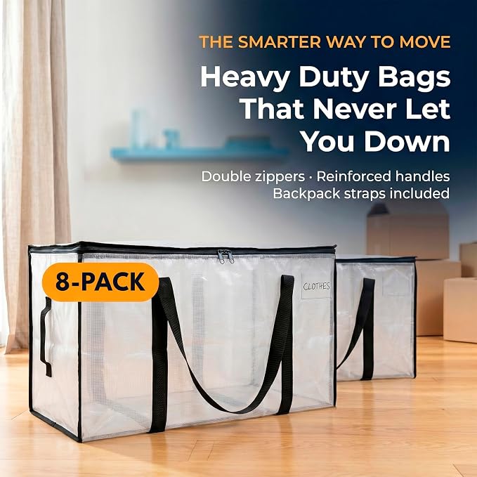 ClearSpace Oversized Moving Bags or Storage Bag – Large Moving Boxes with Backpack Straps, Zippers & Handles – Heavy-Duty Packing Bags for Moving, College Dorm, Christmas Decorations, 8 Pack.