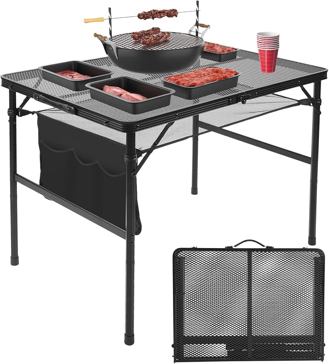 Folding Matel Grill Table, 3x2 FT Portable Camping Table | Lightweight Height Adjustable Metal Picnic Outdoor Table with Mesh Desktop and Mesh Bag, Beach and BBQ, Party