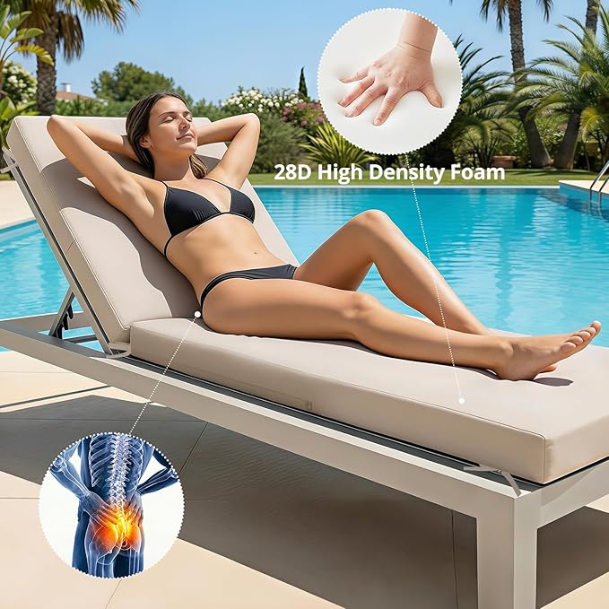 Fabuday Chaise Lounge Chair Cushions for Outdoor Furniture - 72 x 21 x 3 Inch Waterproof Patio Pool Sunbrella Lounger Pads Replacement with Removable Cover, Beige