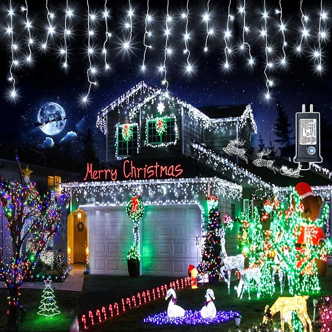 640 LED Icicle Lights for Outside, 66FT White Christmas Lights Outdoor | Plug in 8 Modes Waterproof Icicle Christmas Lights with 120 Drops for Party Holiday Wedding Christmas Decoration