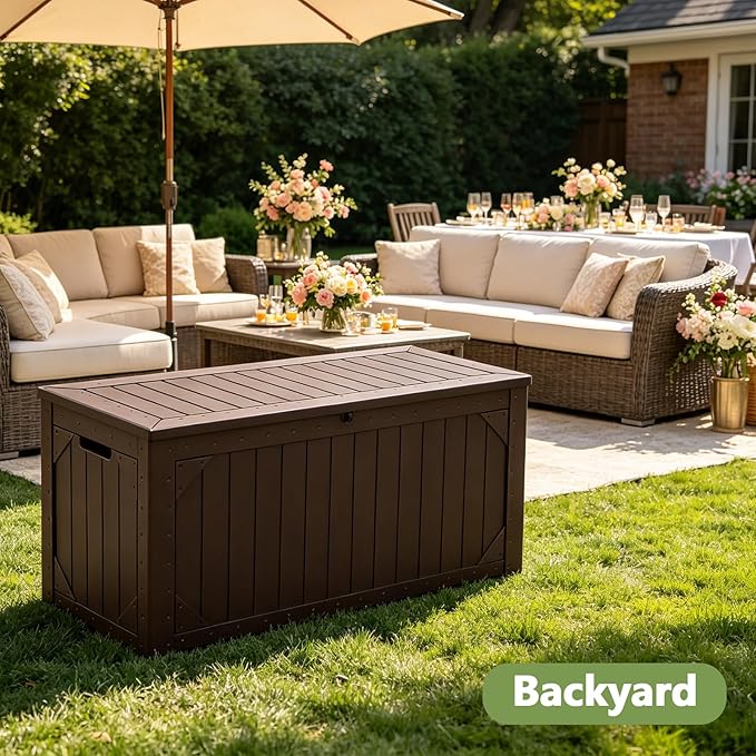 Outdoor Storage Box, 95 Gallon Deck Box Outdoor Storage Bench, Outside Waterproof Resin Storage Bench, Lockable Patio Cushions, Garden Tools Storage for Furniture, UV Resistant (Brown)