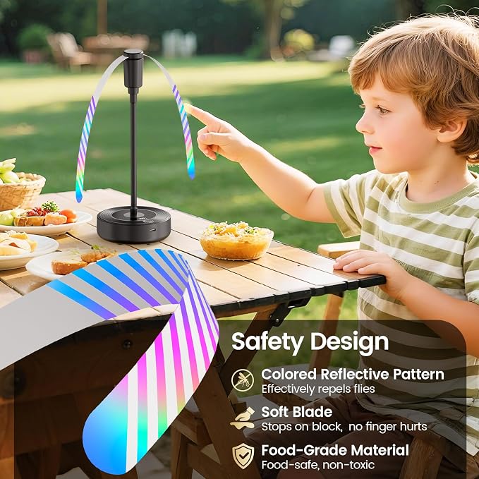 TriPole Fly Fans for Tables with Battery Display, Rechargeable, 20H Runtime | 2000mAh Rechargeable Food Fan, Quiet Operation, Flexible Neck for 360° Coverage Outdoor Fan for Picnic, Party, BBQ, Kitchen