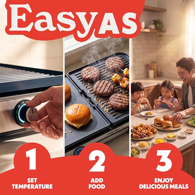 Gourmia 3-in-1 Indoor Grill & Griddle Electric Combo – Dual Independent Cooking Zones, Reversible Nonstick Ceramic Plates, XL Cooking Surface, 250–400°F Adjustable Temp, Dishwasher Safe