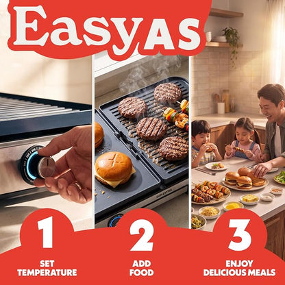 Gourmia 3-in-1 Indoor Grill & Griddle Electric Combo – Dual Independent Cooking Zones, Reversible Nonstick Ceramic Plates, XL Cooking Surface, 250–400°F Adjustable Temp, Dishwasher Safe