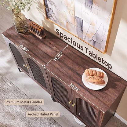 IFGET Modern Buffet Cabinet with Storage, 61.75" W Fluted Arched Sideboard Cabinet w/Adjustable Shelves, Wooden Modular Coffee Bar for Dining Room, Kitchen, Living Room, Entryway, Brown