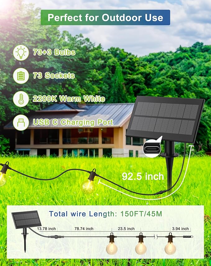 Zuske Solar String Lights Outdoor Waterproof 150FT with USB Port and 73 Shatterproof G40 Bulbs(3 Spare), LED Solar Powered Patio Lights for Outside, Porch, Backyard, Gazebo, Garden(Warm White)