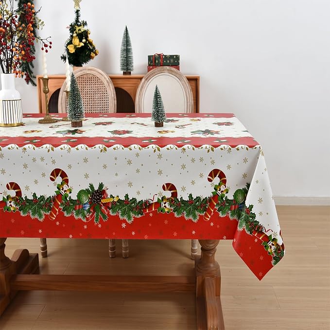 Christmas Tablecloth Heavy Duty Vinyl Red 54x54 inch Rectangle Christmas Table Cloth Reusable Waterproof Foldable Plastic Tablecloths PVC Xmas Table Cover for New Year Party Decor