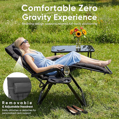 NEWBULIG Set of 2 Zero Gravity Chair, Folding Patio Recliner with Removable Cushion & Cup Holder Trays, Portable Lounge Chair for Beach & Camping, Classic Black