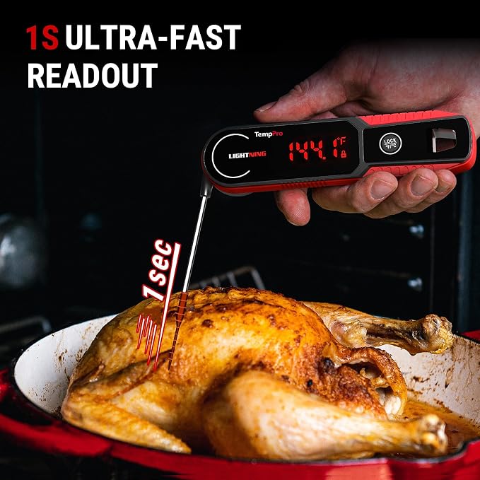TempPro TempSwift 1 Sec Instant Read Meat Thermometer Digital | Kitchen Food Thermometer with 180° Rotating Display, IP67 Waterproof Cooking Thermometers for Deep Fry Smoker Grill BBQ, Red