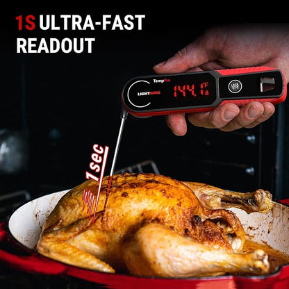 TempPro TempSwift 1 Sec Instant Read Meat Thermometer Digital | Kitchen Food Thermometer with 180° Rotating Display, IP67 Waterproof Cooking Thermometers for Deep Fry Smoker Grill BBQ, Red