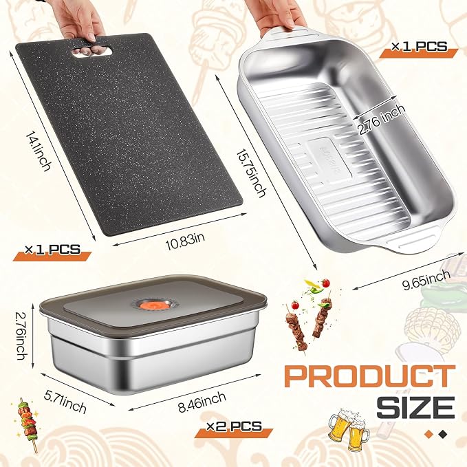 4 Pcs Grill Prep Set – Stainless Steel BBQ Prep & Serve Tray, Marinade Containers with Lids and Cutting Board for Outdoor Grilling, BBQ, Marinating (Deep Tray)