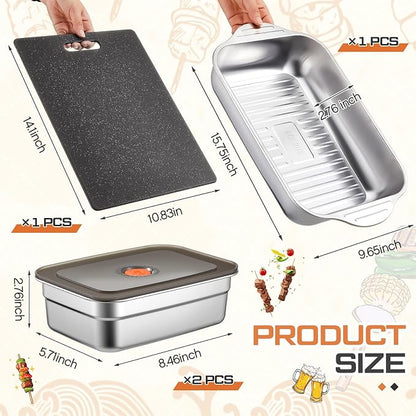4 Pcs Grill Prep Set – Stainless Steel BBQ Prep & Serve Tray, Marinade Containers with Lids and Cutting Board for Outdoor Grilling, BBQ, Marinating (Deep Tray)