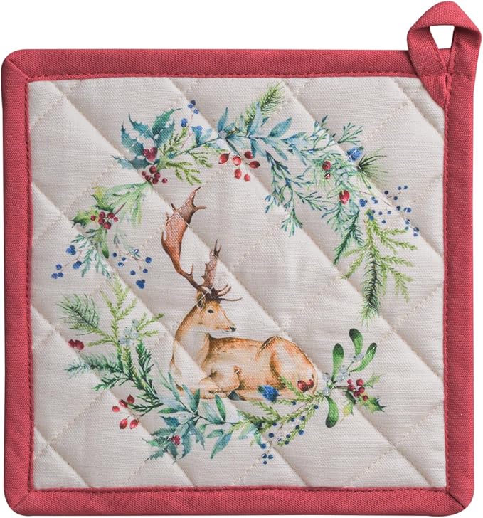 Maison d' Hermine Pot Holders 100% Cotton Potholders (8" x 8", Pack of 1) | Heat Resistant Hot Pads with Loop BBQ Cooking Baking Hotel Kitchen Handling Hot Pans Thanksgiving Christmas - Holly Time