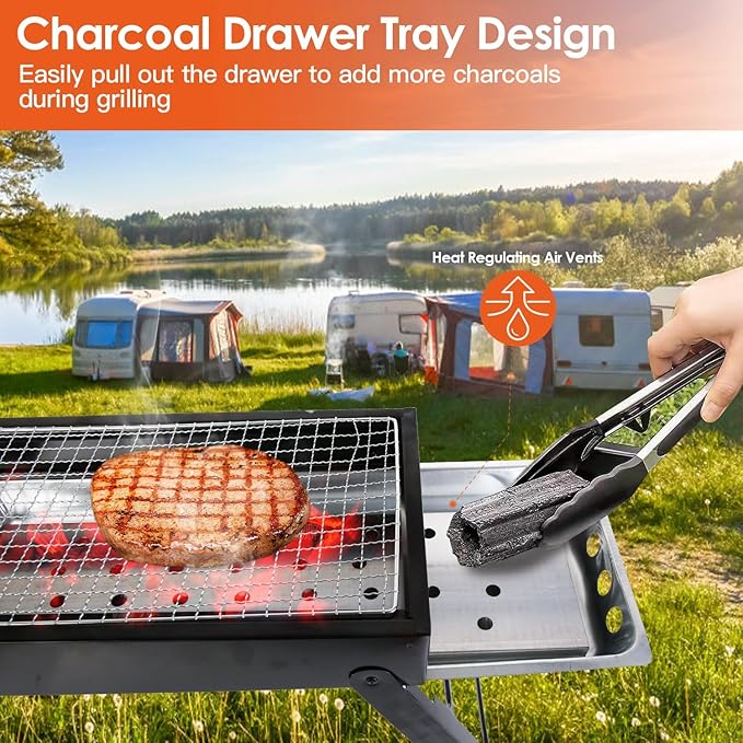 Portable Charcoal BBQ Grill, Foldable BBQ Grill with Stainless Steel Grill Net & Charcoal Drawer Tray, Easy Setup Barbecue Grill for Camping Picnic Outdoor Party Backyard (21.85x8.85x12in)