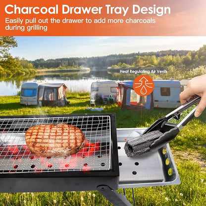 KOCASO Foldable Charcoal BBQ Grill Stainless Steel Grill Net Easy Setup Portable Tabletop Barbecue Grill for Camping Picnic Outdoor Party Backyard