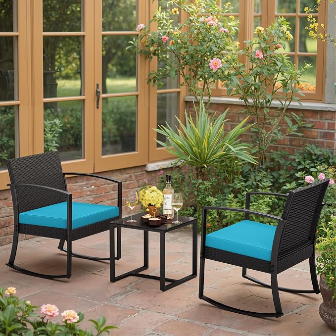 Greesum 3 Piece Patio Furniture Set, All-Weather Imitation Rattan Conversation Set, Outdoor Rocking Chair Bistro Set with Glass Top Coffee Table for Pool, Deck, Porch, Garden or Balcony, Blue