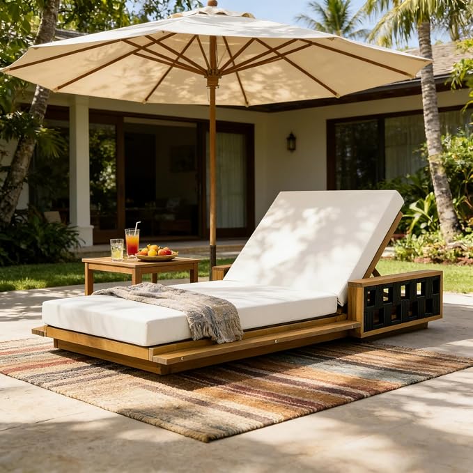 Merax Outdoor Chaise Lounge Set of 4, Acacia Wood Patio Reclining Chairs with 4-Position Adjustable Backrest, 4-Piece Sunbathing Recliner & 4" Thick Double-fold Cushion for Poolside, Garden, Beige