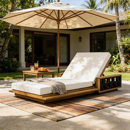 Merax Outdoor Chaise Lounge Set of 4, Acacia Wood Patio Reclining Chairs with 4-Position Adjustable Backrest, 4-Piece Sunbathing Recliner & 4" Thick Double-fold Cushion for Poolside, Garden, Beige