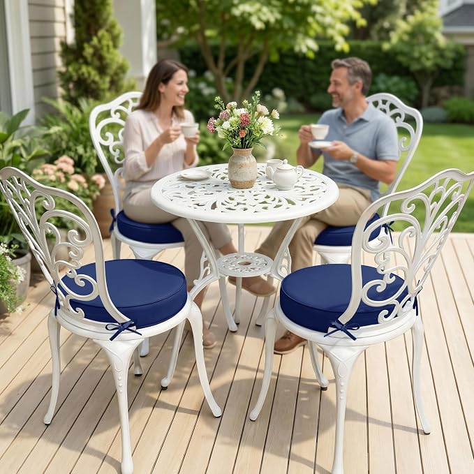 Summsun Outdoor Bistro Chair Cushions Set of 4, 15" D x 3" H Round Chair Cushions Waterproof and Fade Resistant Chair Cushion Pads with Non-Slip Ties and Removable Covers for Garden, Navy Blue