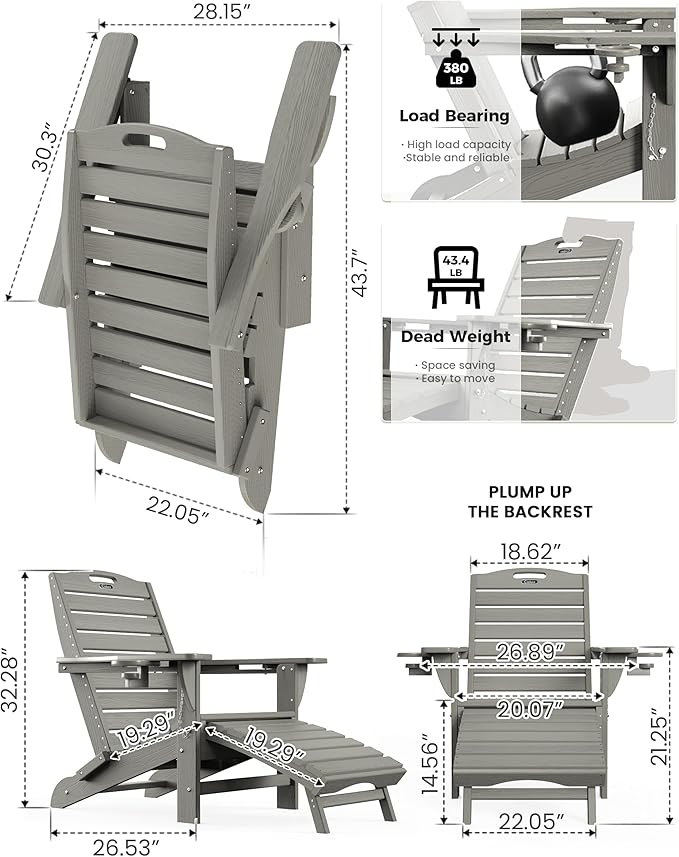 Ciokea Folding Adirondack Chair Set of 4 with Retractable Ottoman Fire Pit Patio Chair with Pull Out Foot Rest Weather Resistant Lawn Outdoor Chair with 2 Cup Holder (Grey)