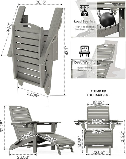 Ciokea Folding Adirondack Chair Set of 4 with Retractable Ottoman Fire Pit Patio Chair with Pull Out Foot Rest Weather Resistant Lawn Outdoor Chair with 2 Cup Holder (Grey)