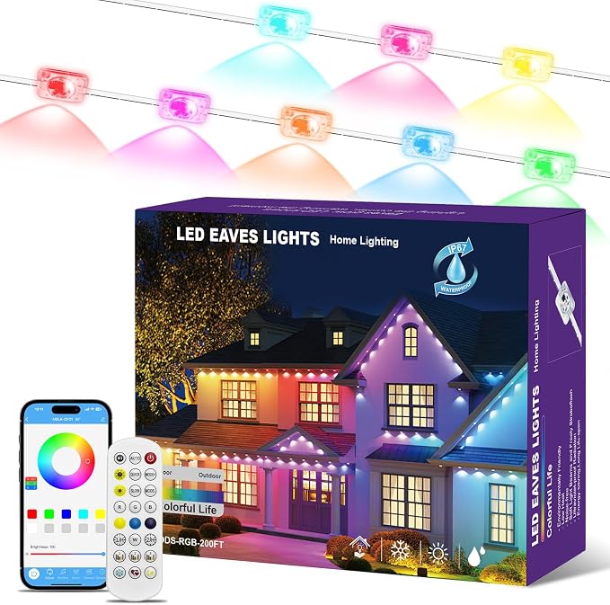 Permanent Outdoor Lights for House, 200ft RGB+IC Smart Outdoor Decor, 50 Scene Modes, App/Remote Control, IP68 Waterproof, RGB Eaves Light for Halloween, Christmas, Party Decor, House Roof Lighting