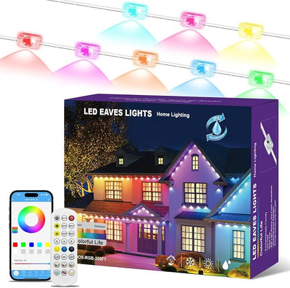 Permanent Outdoor Lights for House, 200ft RGB+IC Smart Outdoor Decor, 50 Scene Modes, App/Remote Control, IP68 Waterproof, RGB Eaves Light for Halloween, Christmas, Party Decor, House Roof Lighting