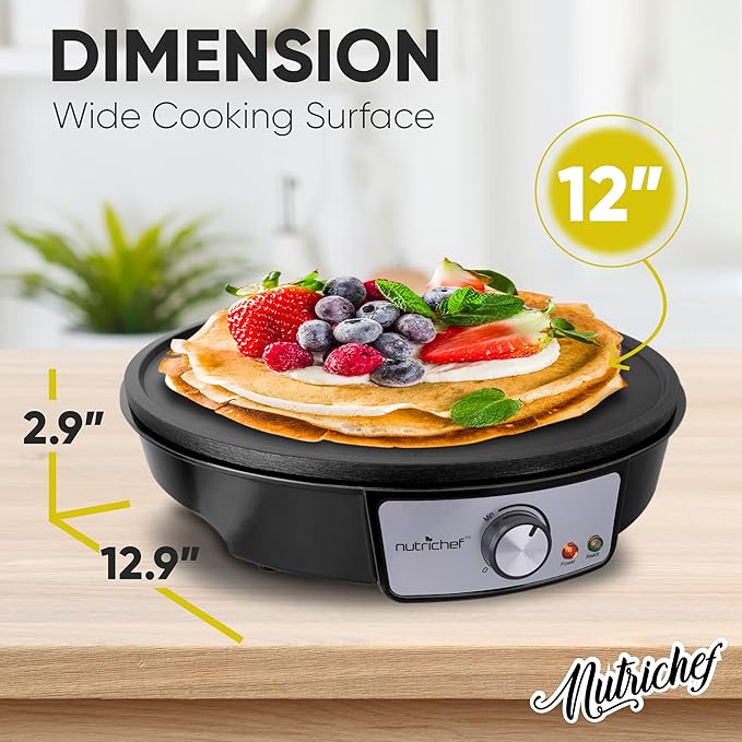 Nutrichef Electric Crepe Maker Pan & Griddle | 12 Inch Nonstick Cooktop | LED Indicators & Adjustable Temperature Control | Includes Spatula, Batter Spreader | Cooks Crepes, Roti & Pancakes