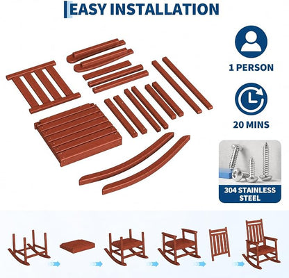 Garvee HDPE Rocking Chair Outdoor Set of 2 with Side Table - Poly High Back Porch Rocker Chairs for Adults - All Weather Resistant Furniture for Patio Front Porch - Red