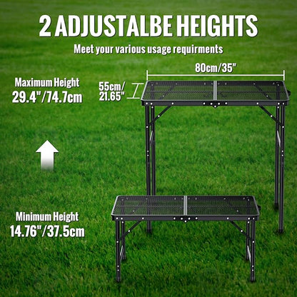 GARLLEN Folding Grill Table, 2-Height Adjustable Folding Camping Table with Heat-Resistant Wider Tabletop, Portable Aluminum Outdoor Tables for BBQ, Camping, Picnic, 35" L x 21.65" W, Black