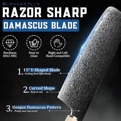 ROCOCO Damascus Nakiri Chef Knife - Japanese Sharp Meat Cleaver Knife for Vegetable Home Kitchen Gift Idea 6.8"