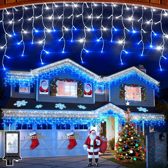 1620 LED 164FT Christmas Lights,360 Drops Icicle Lights with 12 Modes | Blue and White Icicle String Lights with Timer and Dimming for Rooflines, Large Eaves, Event Venues and Outdoor Displays