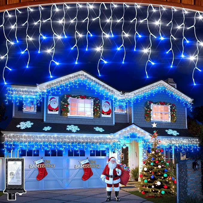 504 LED 50FT Christmas Lights, 112 Drops Icicle Lights with 12 Modes | Blue and White Icicle String Lights with Timer and Dimming for Windows, Porch Rails, Small Eaves and entryways