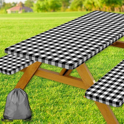 Picnic Table Cover with Bench Covers, Black and White Checkered Waterproof and Windproof, Fitted Tablecloth Cover with Elastic Edge, for Outdoor, Garden, Camping, 3 Pieces Set, 30x60 Inch