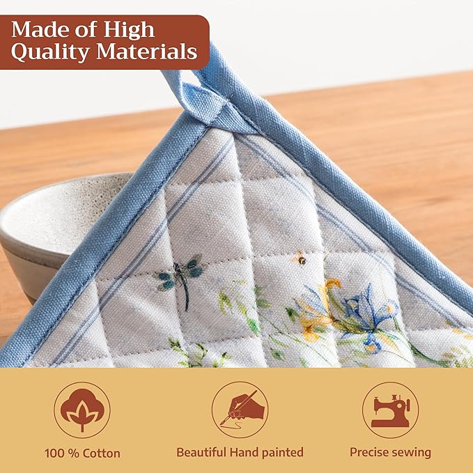 Maison d' Hermine Pot Holders 100% Cotton Heat Resistant Potholders 8" x 8" Hot Pads with Loop BBQ Cooking Baking Hotel Farmhouse Kitchen Handling Hot Pans Spring Summer (Pack of 2, Fleurs De Mai)