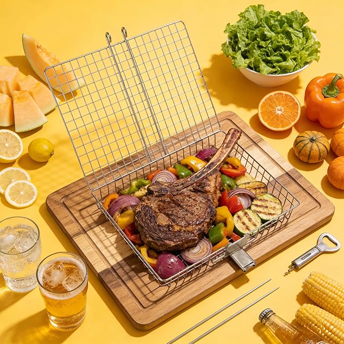 Grill Basket for Outdoor with Removable Handle,Stainless Steel BBQ Camping Cooking Accessories Tools for Meat Steak Fish Vegetable Shrimp, Gifts for Men Dad Husband