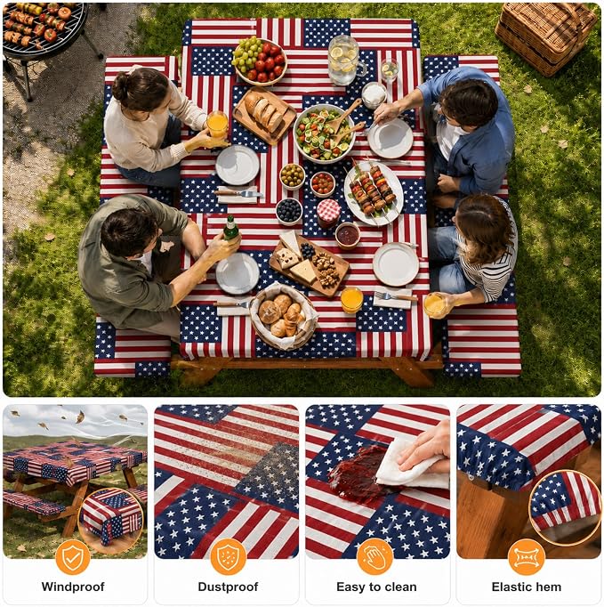 Emwwat Picnic Table Cover with Bench Covers, Waterproof Elastic Corner Fitted Tablecloth for 6 Foot Rectangle Tables, Washable Camping Table Cover Set for Picnic Outdoor BBQ (Red, 72in)