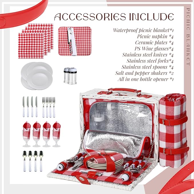 Wicker Picnic Basket Set for 4, Blanket, Cooler Bag, White and Red | Four-Person Wicker Set Includes Tableware, Insulated Food Storage and Waterproof Blanket for Parks, Camping, Dates and Gifts