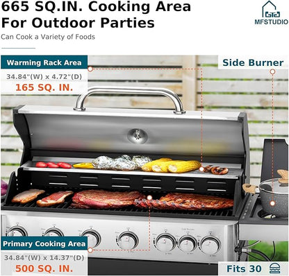MFSTUDIO 6-Burner Propane Gas Grill, Stainless Steel BBQ Grill with Side Burner and Porcelain-Enameled Cast Iron Grates, High Output Gas BBQ Grills for Barbeque and Outdoor Cooking