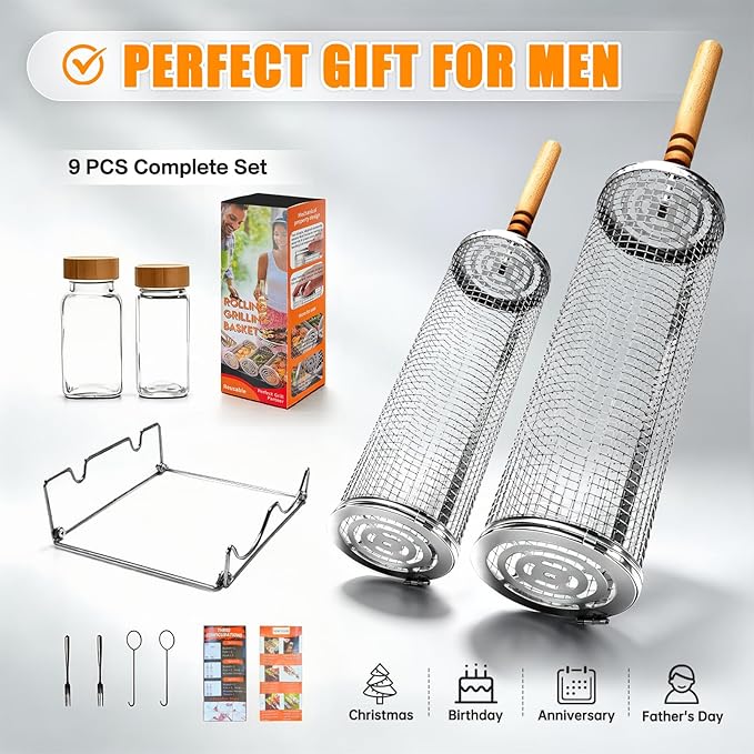 Rolling Grill Basket,Removable Wooden Handle with Condiment Bottle and Stand, 304 Stainless Steel,Nesting BBQ Tools, Smoker Grilling Accessories for Vegetable Shrimp, Birthday Gifts for Men Dad Husban