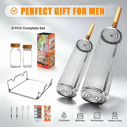 Rolling Grill Basket,Removable Wooden Handle with Condiment Bottle and Stand, 304 Stainless Steel,Nesting BBQ Tools, Smoker Grilling Accessories for Vegetable Shrimp, Birthday Gifts for Men Dad Husban